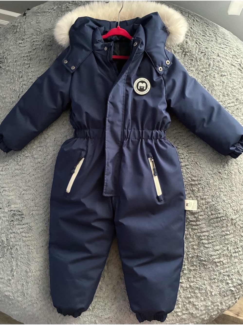 Kids Navy Winter Snowsuit Romper with Faux Fur Hood